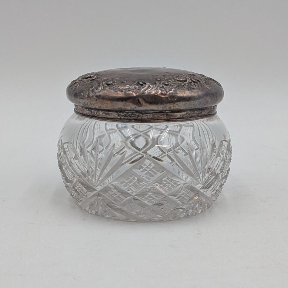 Antique Cut Glass Vanity Powder Jar Sterling Silver Embossed Lid Monogrammed